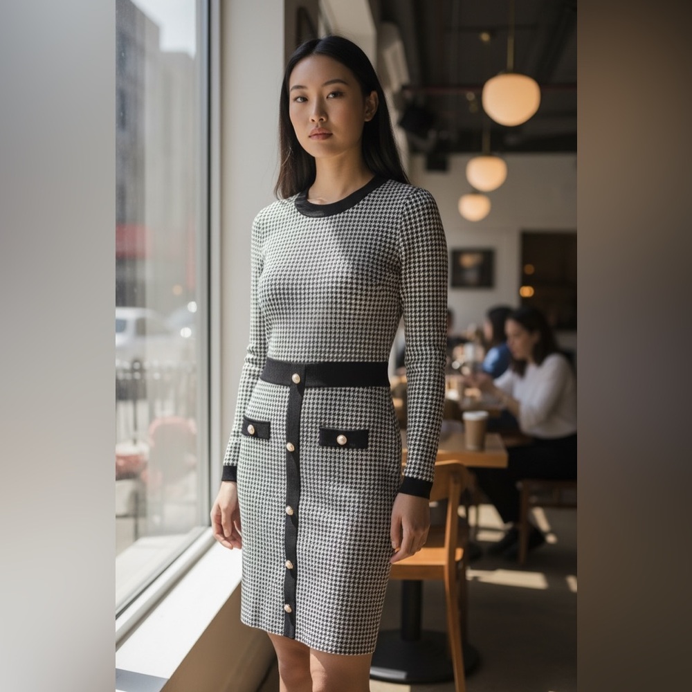 Chic Houndstooth Long Sleeve Dress